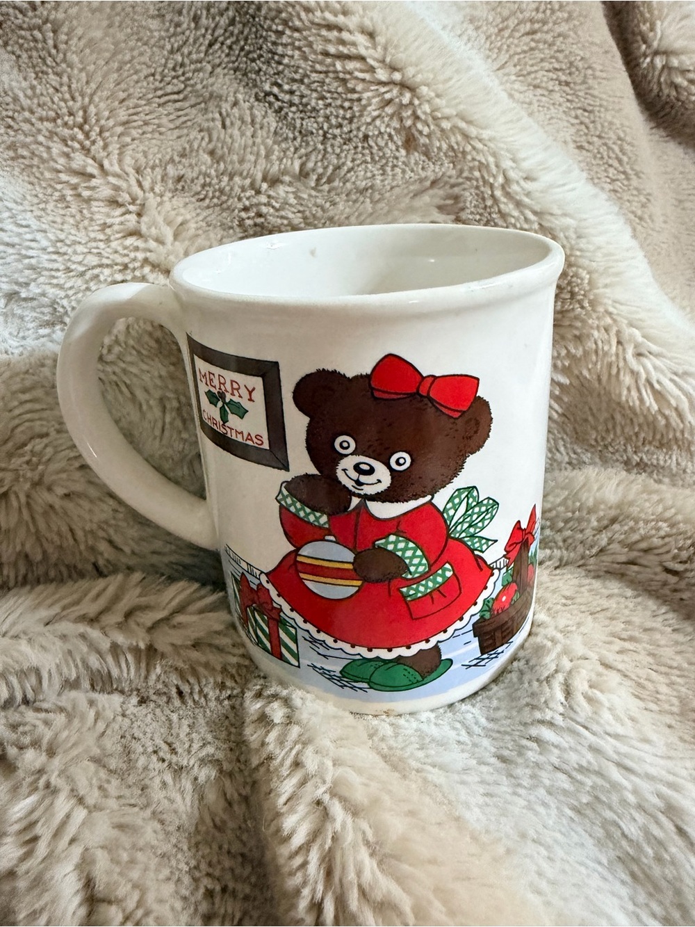 Vintage 1980’s Festive Bear Ceramic Coffee Mug - White with Red Accents